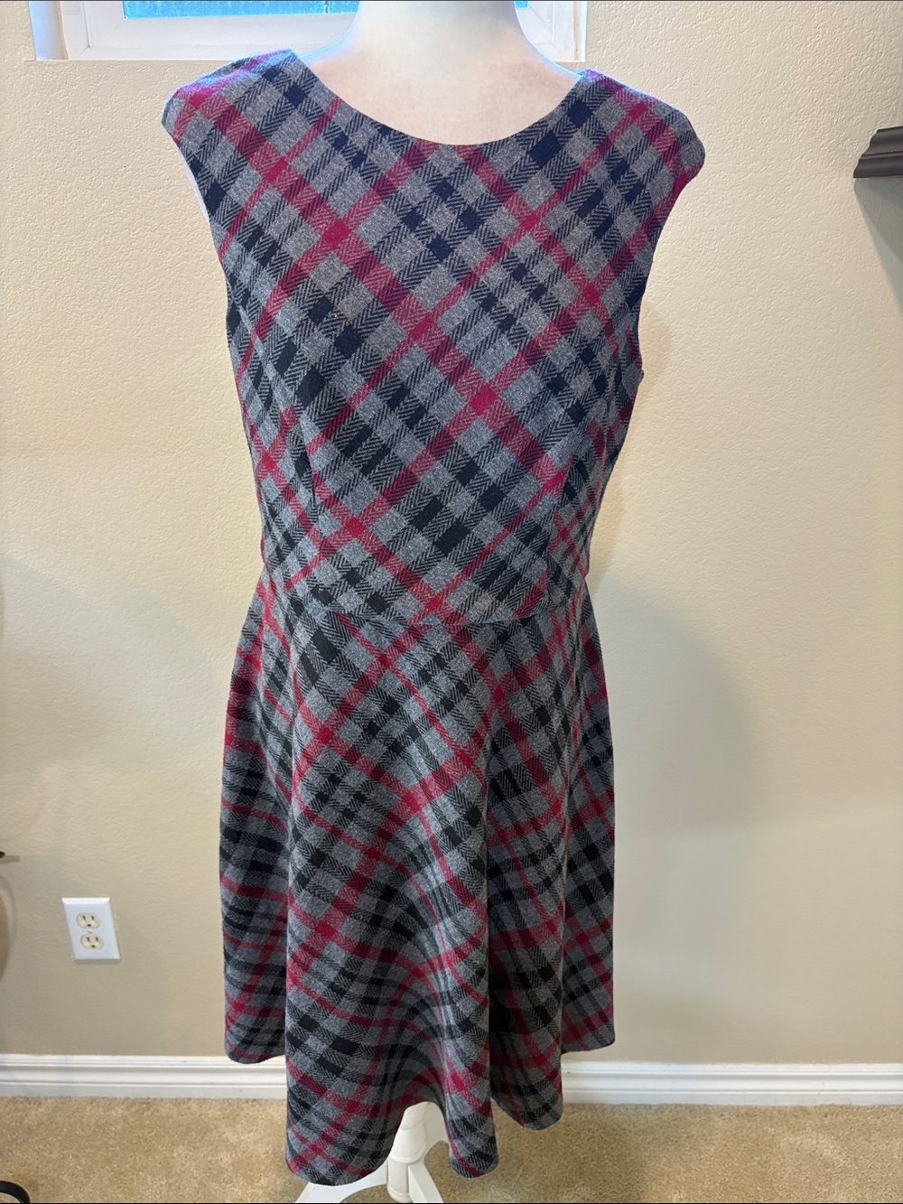 Sleeveless Plaid Midi Dress in Gray and Burgundy